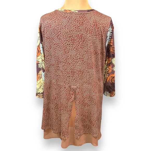 Logo By Lori Goldstein Mixed Print Knit Top Size Large Chiffon Hem Tunic Brown - Picture 6 of 11